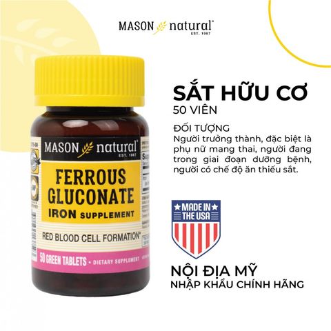 [Nhập khảu] Viên uống bổ sung sắt Mason Natural Ferrous Gluconate 