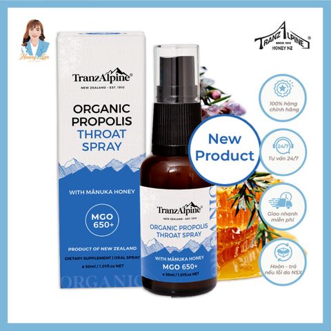 Xịt họng keo ong manuka MGO650+ New Zealand TranzAlpine Organic Propolis Throat Spray 30ml 739550