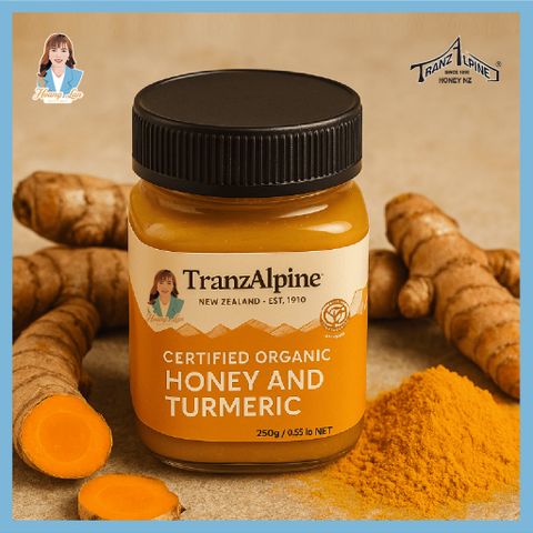 Mật ong cỏ ba lá hữu cơ và nghệ New Zealand TranzAlpine Certified Organic Honey And Turmeric 250g