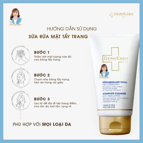 Lotion tẩy trang và rửa mặt 2 in 1 Pháp DermEden Complete Cleanser 2in1 Milk Lotion 150ml