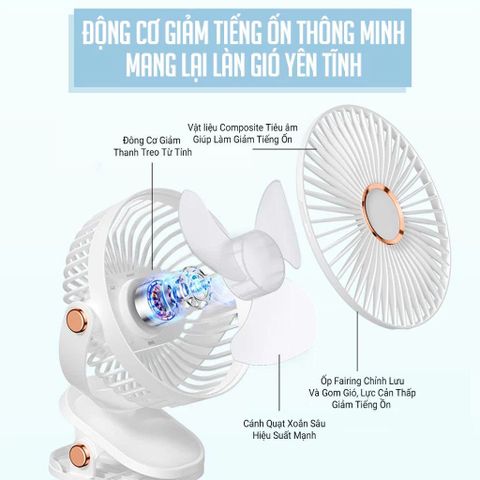 Quạt Tích Điện Kẹp Bàn 5 Mức Gió Có Đèn LED, Pin 5000mAh & 12000mAh Cao Cấp
