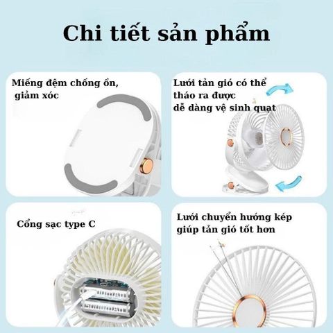 Quạt Tích Điện Kẹp Bàn 5 Mức Gió Có Đèn LED, Pin 5000mAh & 12000mAh Cao Cấp