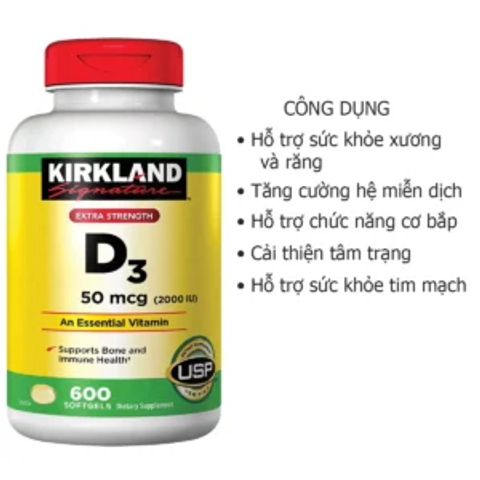 Kirkland Signature D3 50 mcg (2000 IU) 600 viên mềm, vitamin thiết yếu hỗ trợ xương và sức khỏe miễn dịch.