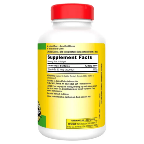 Kirkland Signature D3 50 mcg (2000 IU) 600 viên mềm, vitamin thiết yếu hỗ trợ xương và sức khỏe miễn dịch.