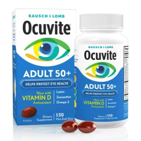 Bausch + Lomb Ocuvite Adult 50+ bảo vệ sức khỏe mắt với Vitamin D, Lutein, Zeaxanthin và Omega-3, viên nang mềm, 90 viên.