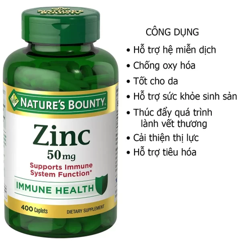 Bổ sung kẽm Nature's Bounty 50mg hỗ trợ hệ miễn dịch 400 viên