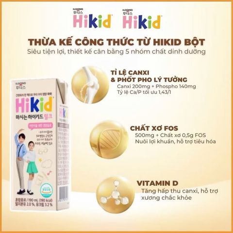 THÙNG Sữa Hikid pha sẵn hỗ trợ phát triển chiều cao cho bé từ 1 tuổi trở lên - Thùng 24 hộp _190ml