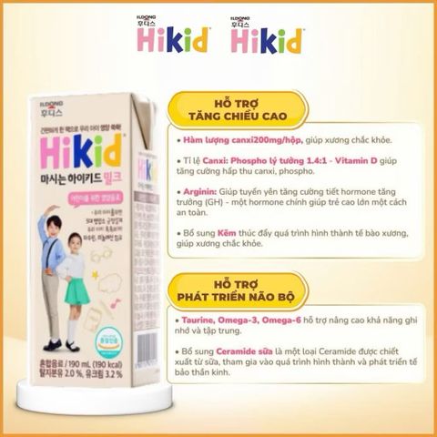THÙNG Sữa Hikid pha sẵn hỗ trợ phát triển chiều cao cho bé từ 1 tuổi trở lên - Thùng 24 hộp _190ml