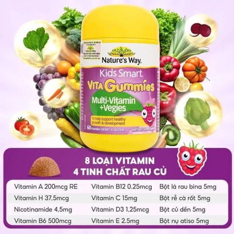 Nature’s Way Kids Smart Vita Gummies Multi-vitamin + Vegies Kẹo Dẻo Vitamin Rau Củ Cho Bé 60 Viên