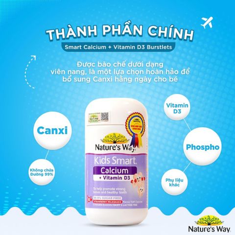 Nature's Way Kids Smart Calcium + Vitamin D3 Bursts Canxi & Vitamin D3 Cho Bé 50 Viên