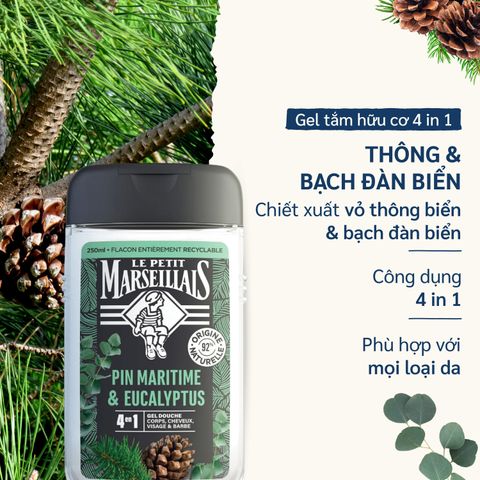 Sữa Tắm Nam 4 in 1 92% Thiên Nhiên Le Petit Marseillais Nhiều Mùi Hương 250ml