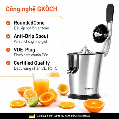 Máy Vắt Cam Tự Động GKÖCH Germany 160W - Ép Nhanh, Giữ Nguyên Hương Vị Tươi Ngon, Thiết Kế Sang Trọng Inox 304
