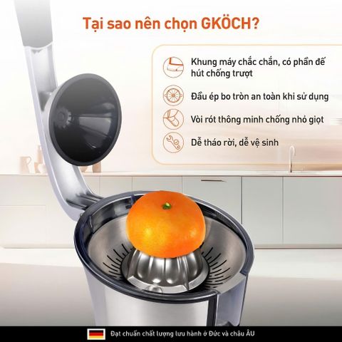 Máy Vắt Cam Tự Động GKÖCH Germany 160W - Ép Nhanh, Giữ Nguyên Hương Vị Tươi Ngon, Thiết Kế Sang Trọng Inox 304