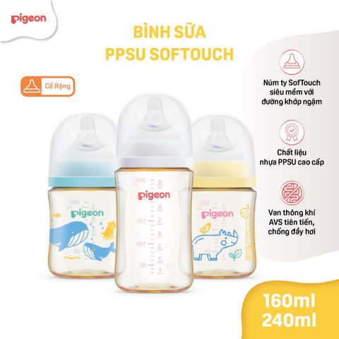 Bình sữa Pigeon cổ rộng núm mềm hoạ tiết Đại Dương/Muông Thú 160ml/240ml