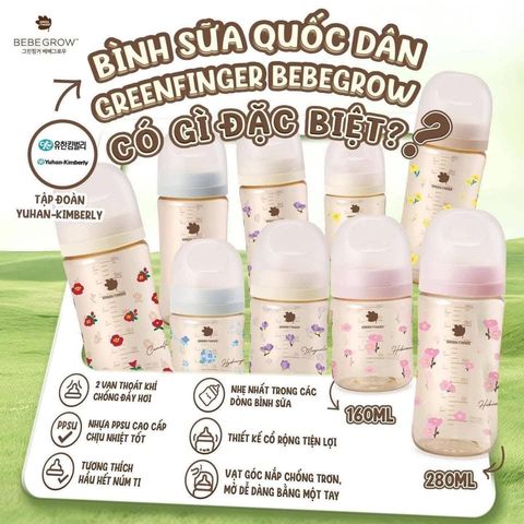 Bình sữa Green Finger Bebegrow PPSU Hàn Quốc size 160ml hoạ tiết và trơn