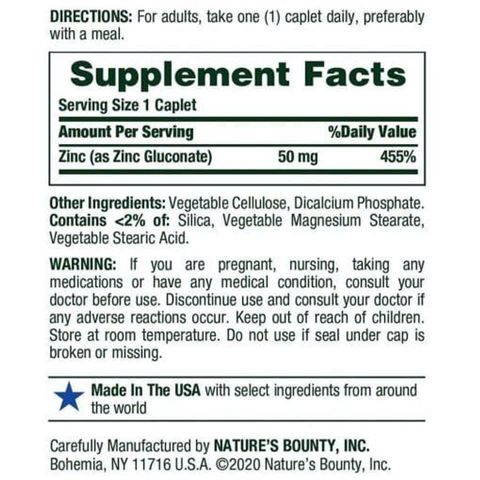 Viên kẽm Nature's Bounty Zinc 50mg 100 viên - Bổ sung khoáng chất hỗ trợ miễn dịch và sức khỏe cho nam giới, chất lượng Mỹ 748479
