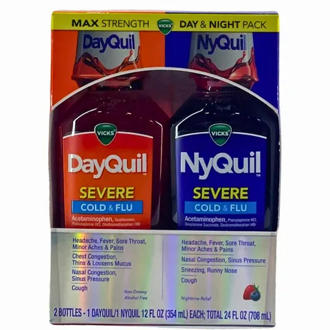 Siro cảm Vicks DayQuil & NyQuil Cold & Flu Severe 354ml x2 chai (1 Day + 1 Night Berry Flavor)