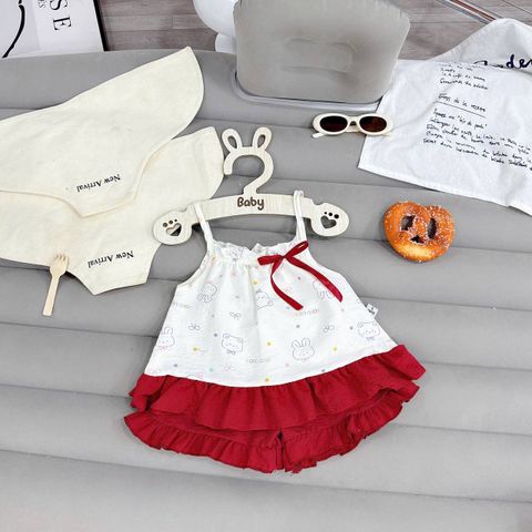 Set bộ hai dây đũi gấu thỏ đính nơ bèo xinh xắn dễ thương mát mẻ mùa hè cho bé gái