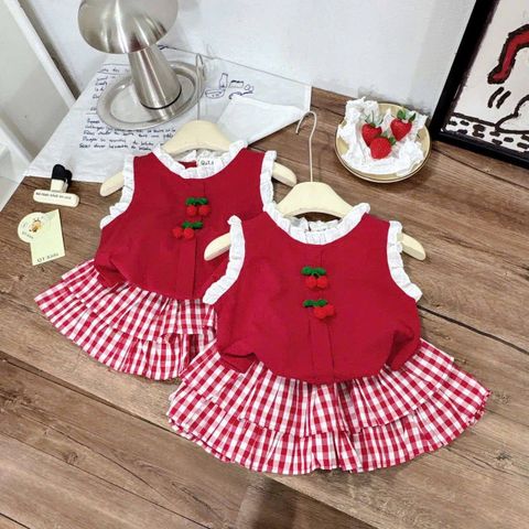 Set bộ cánh tiên ren bèo cherry xinh xắn kèm chân váy kẻ tầng xòe cho bé gái điệu đà mùa hè mặc đi chơi