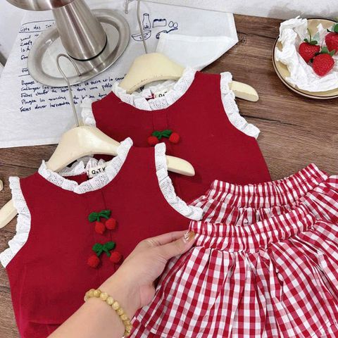Set bộ cánh tiên ren bèo cherry xinh xắn kèm chân váy kẻ tầng xòe cho bé gái điệu đà mùa hè mặc đi chơi