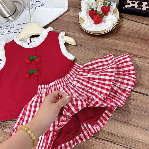 Set bộ cánh tiên ren bèo cherry xinh xắn kèm chân váy kẻ tầng xòe cho bé gái điệu đà mùa hè mặc đi chơi
