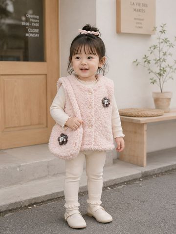 Hàng QC - Áo gile lông cừu đính hoa kèm túi xinh xắn vintage hàn quốc mùa đông ấm áp cho bé gái