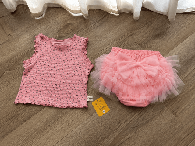 Set áo hoa nhí bèo kèm quần váy công chúa nơ voan tầng xinh xắn điệu đà mùa hè mặc đi chơi cho bé gái kèm ảnh thật