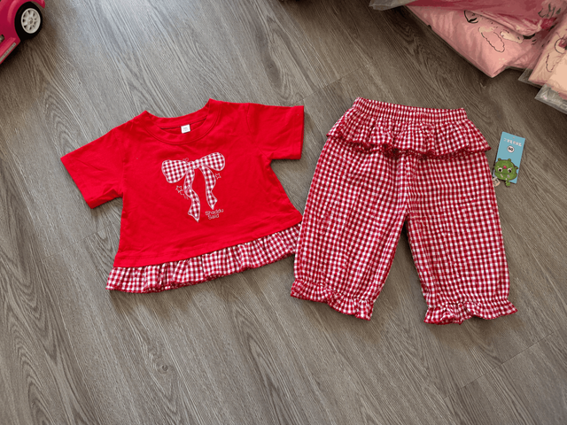 Set bộ bé gái cotton nơ phối kẻ bèo xinh xắn điệu đà mát mẻ mùa hè phong cách hàn quốc kèm ảnh thật