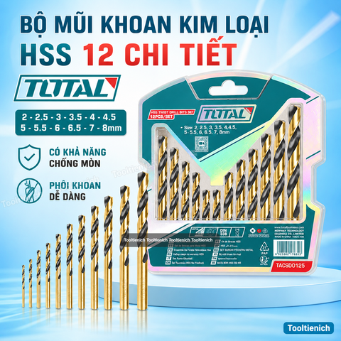 BỘ MŨI KHOAN KIM LOẠI HSS TOTAL TACSD0125 – 12 CHI TIẾT ĐA KÍCH THƯỚC