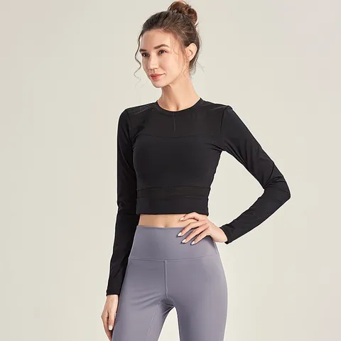 Áo Croptop Dài Tay Nữ Phối Lươi Tập Yoga,Gym, Thể Thao Mặc Tôn Dáng Vải Cao Cấp, Co Giãn 4 Chiều