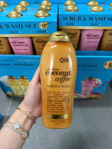 Sữa tắm tẩy tế bào chết OGX Smoothing Coconut Coffee Scrub & Wash 577ml