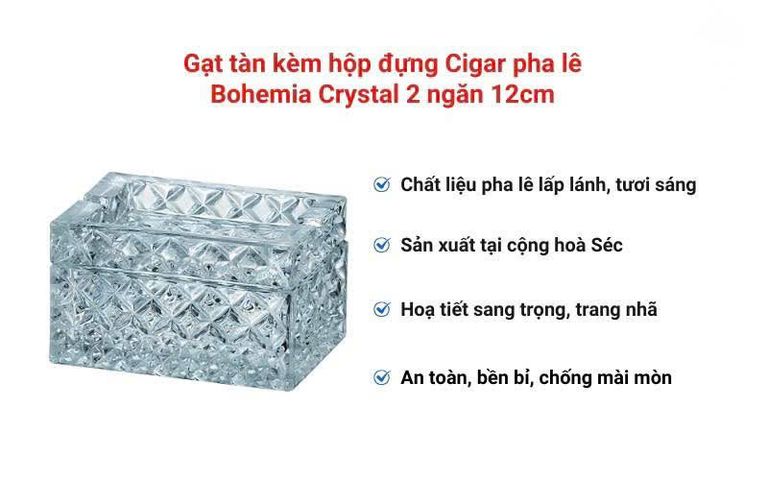 GẠT TÀN PHA LÊ KÈM HỘP ĐỰNG THUỐC LÁ 2 NGĂN BOHEMIA 12CM