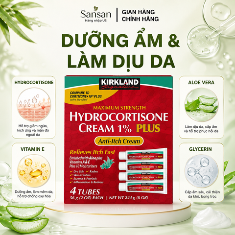 Kem Bôi Kirkland Hydrocortisone Cream 1% Plus 56g Mỹ – Hỗ Trợ Giảm Ngứa Dị Ứng Chàm Eczema Viêm Da