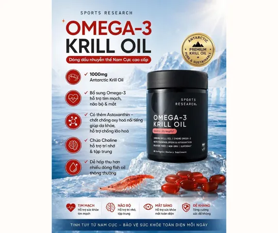 Viên Uống Dầu Nhuyễn Thể Tôm Krill Oil + Astanxxanthin 1000mg - Tăng Cường Sức Khỏe Tim Mạch & Khớp - Sports Research Mỹ 90 Viên 751223