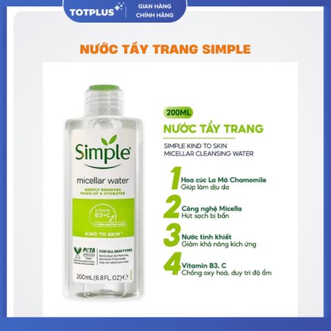 Nước Tẩy Trang Simple 200ml - Sạch Nhẹ Nhàng, Không Cồn, Không Hương Liệu
