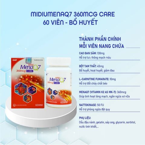 Midu MenaQ7 360mcg Care – Hỗ Trợ Giảm Mỡ Máu, Hỗ Trợ Giảm Nguy Cơ Hình Thành Cục Máu Đông
