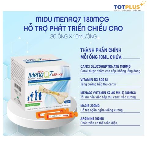 Midu MenaQ7 180mcg Hỗ Trợ Phát Triển Chiều Cao Cho Trẻ – Bổ Sung Canxi, D3, K2 Cho Xương Chắc Khỏe