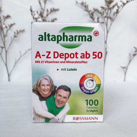 Vitamin tổng hợp A-Z Depot ab 50 của Altaphma cho người trên 50 tuổi,vitamin A, B1,B12,vitamin E,vitamin K, hộp 100 viên