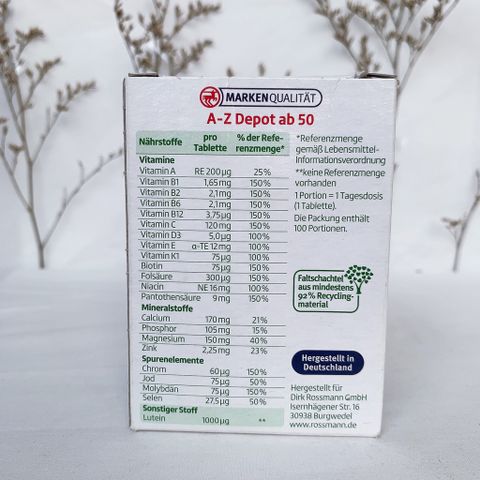 Vitamin tổng hợp A-Z Depot ab 50 của Altaphma cho người trên 50 tuổi,vitamin A, B1,B12,vitamin E,vitamin K, hộp 100 viên
