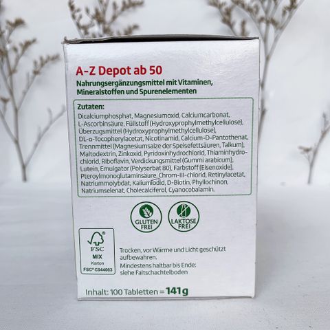 Vitamin tổng hợp A-Z Depot ab 50 của Altaphma cho người trên 50 tuổi,vitamin A, B1,B12,vitamin E,vitamin K, hộp 100 viên