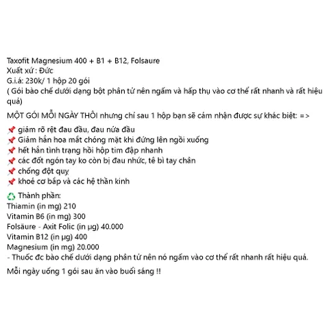 Taxofit Magnesium 400 + B1 + B12, Folsaure