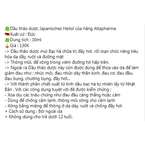 Dầu thảo dược bạc hà Japanisches Heilol,giúp thông mũi, thoa vào da để làm giảm đau đầu, đau bụng