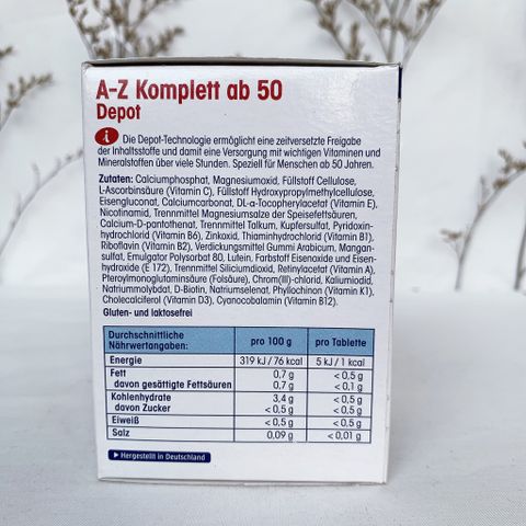 Vitamin tổng hợp A-Z Komplett ab 50 Depot của Mivolis cho người trên 50 tuổi,vitaminA, B1,B12,vitaminK, hộp 100 viên