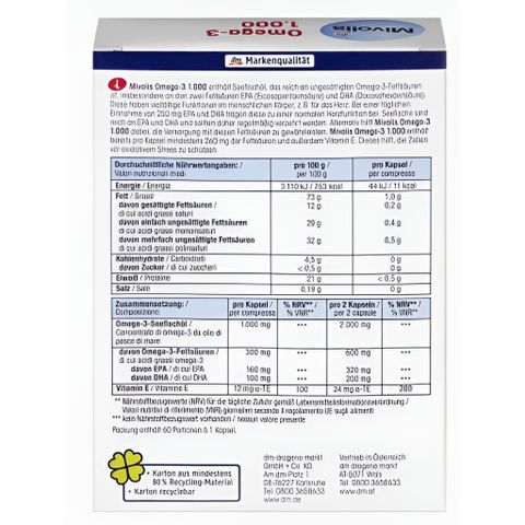 Viên uống dầu cá omega3 1000 MIVOLIS mắt sáng khỏe, đẹp da, vitaminE, DHA, EPA, hộp 60 viên