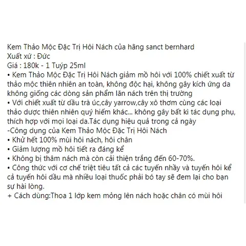 Kem bôi hôi nách thảo mộc sanct bernhard, giúp nách khô thoáng, không ra mồ hôi, tuýp 25ml