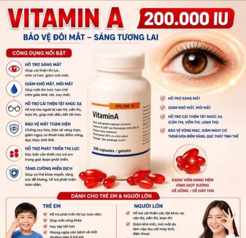 Lẻ một viên Vitamin A Liều Cao 200.000 IU Màu Đỏ - Hỗ Trợ Mắt Sáng Khỏ