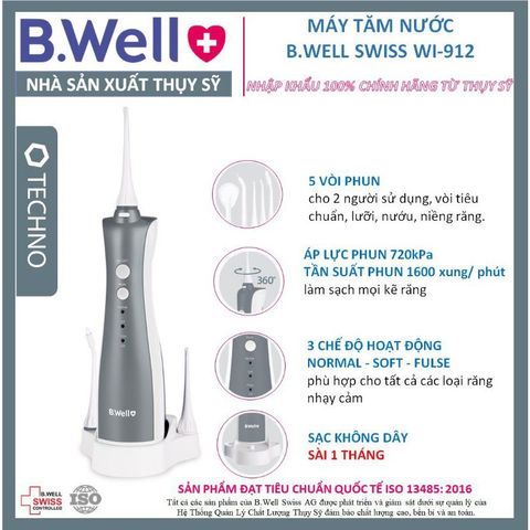Máy Tăm nước B.WELL WI-912 vệ sinh răng miệng - phiên bản cải tiến 5 đầu, 3 chế độ phun, dễ sử dụng, tiện lợi (bwell)