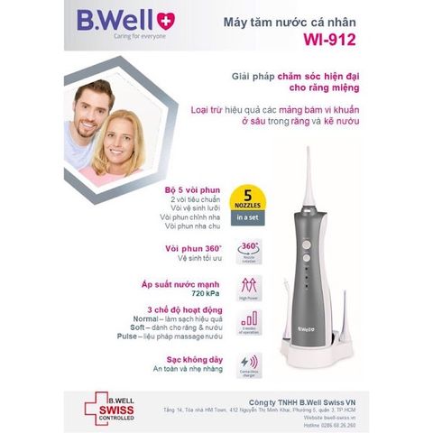 Máy Tăm nước B.WELL WI-912 vệ sinh răng miệng - phiên bản cải tiến 5 đầu, 3 chế độ phun, dễ sử dụng, tiện lợi (bwell)