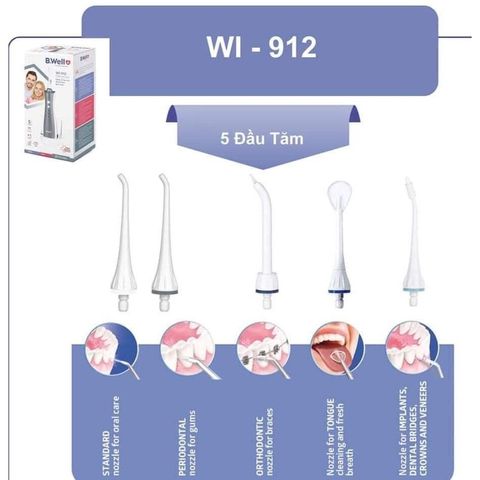 Máy Tăm nước B.WELL WI-912 vệ sinh răng miệng - phiên bản cải tiến 5 đầu, 3 chế độ phun, dễ sử dụng, tiện lợi (bwell)