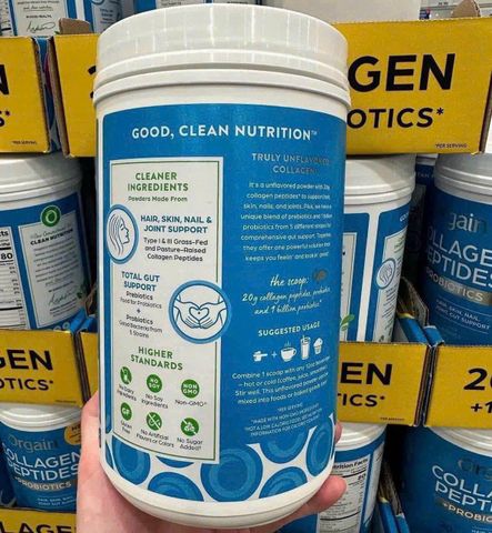 Collagen Thủy Phân Orgain 726g - Bột Collagen Peptides + Probiotics Giúp Tăng Cường Làm Đẹp Da, Tóc và Móng, Không Hương Vị, Mỹ